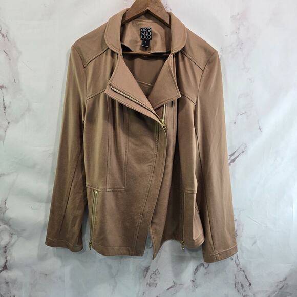 Clara Sun Woo Jacket Womens 1X Brown Faux Vegan Liquid Leather Suede Asymmetric - Picture 1 of 12